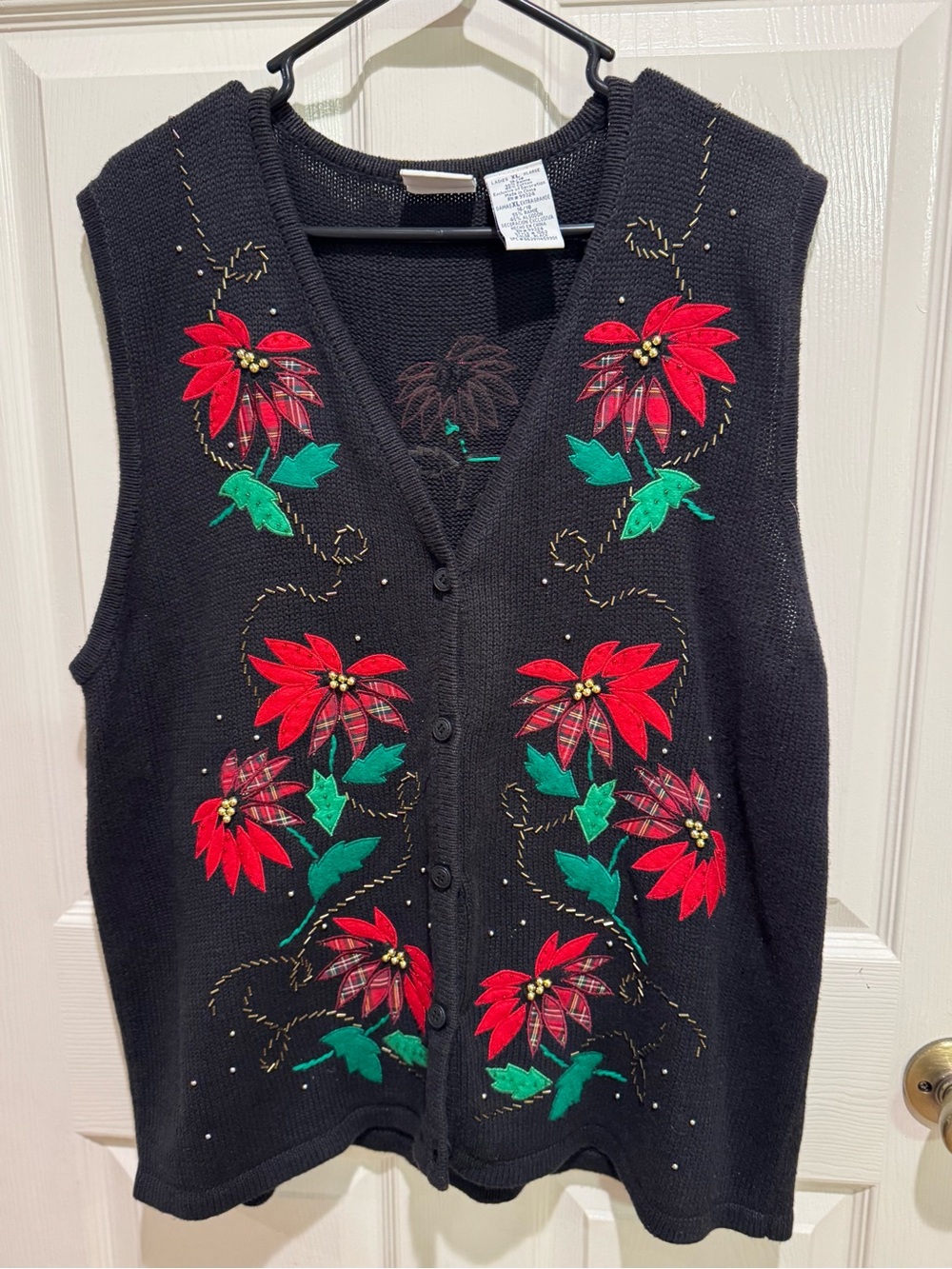 Black Poinsettia Embroidered Button-Front Sweater Vest